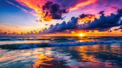 A vibrant sunset over the ocean, reflecting colorful clouds and waves.