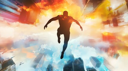 Obraz premium Silhouette of man jumping into clouds