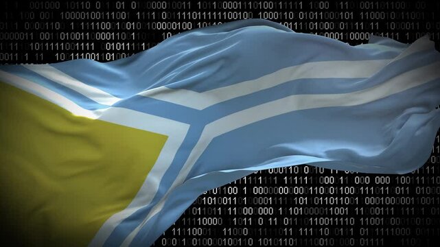 Binary code on flag of Tuva. Program source code or Hacker concept on Tuvan flag. Tuva digital technology security, hacking or programming