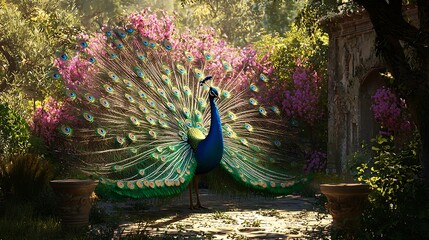 Obraz premium Peacock displaying feathers in a blooming garden environment.