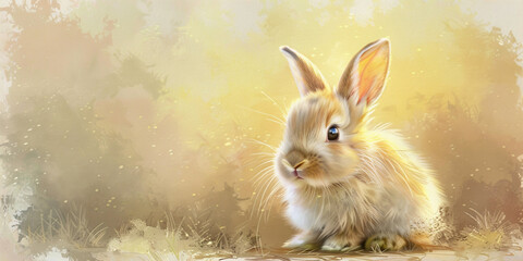 A painting of a rabbit with a brown face and black eyes.
