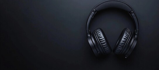 Black headphones on a black background with copy space
