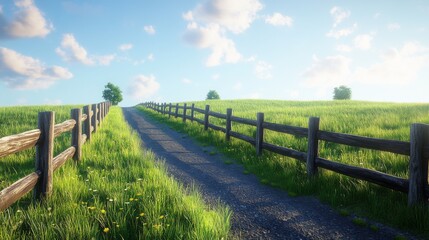 Obraz premium A winding path through a grassy field with a wooden fence