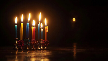 Colorful candles brightening a dark room during the celebration of Hanukkah in December evening
