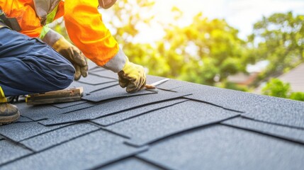 Construction workers installing roofing under bright sunlight, safety gear, detailed tools in action