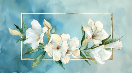 Elegant white flowers with green leaves on a deep blue backdrop for a sophisticated look.