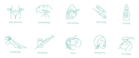 Body Contouring, Carboxytherapy, Chemical Peels, PRP Treatment, TCA Peels, sclerotherapy, Mesotherapy, Facials, Dermaplaning, and IPL Therapy Icon Set for Complete Beauty and Skin Care  