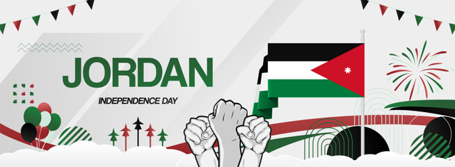 Jordan national day festive banner. Creative templates for holiday celebration, greeting card, billboard, sport event backdrops. May 25th. Happy Jordan Independence Day