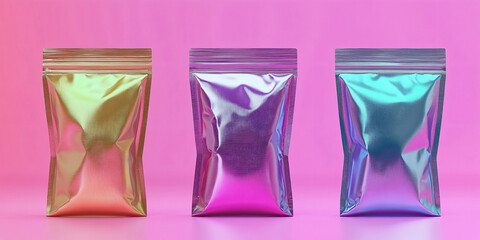 Three metallic zipper bags in different colors on a pink background.