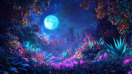 Fototapeta premium Vibrant night scene with glowing plants and a full moon.