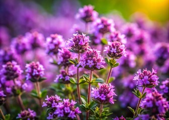 Obraz premium Stunning Close-Up of Thymus Praecox: Beautiful Purple Flowers in Low Light Photography