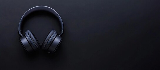 Black headphones on a black background with copy space