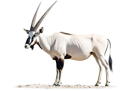 Wild Arabian Oryx leucoryx,Oryx gazella or gemsbok isolated on white background. large antelope in nature habitat, Wild animals in the savannah. Animal with big straight antler horn