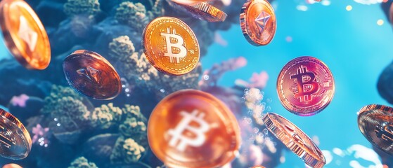 Bitcoin coins floating underwater