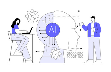 AI chip, Machine learning and man woman. Business team with robot head. Flat vector illustration.