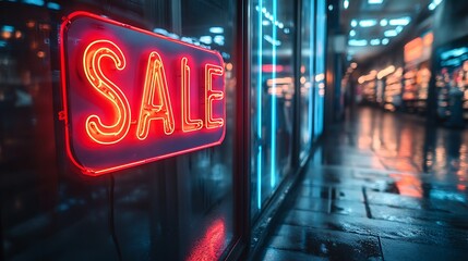 Glowing neon "SALE" signs in bright red and blue, illuminating a dark and empty retail store, reflections of the light on the glossy floor, scattered empty shelves in the background, soft shadows,