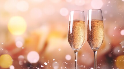 Concept with the glasses of champagne in beige bokeh background. Neural network ai generated art
