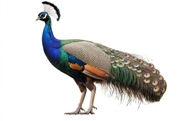 Obraz premium Female Indian Peafowl (peahen). Isolated over white