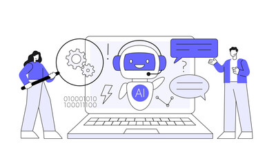 Chatbot robot concept. Man and woman talk about how AI works. Flat vector illustration.