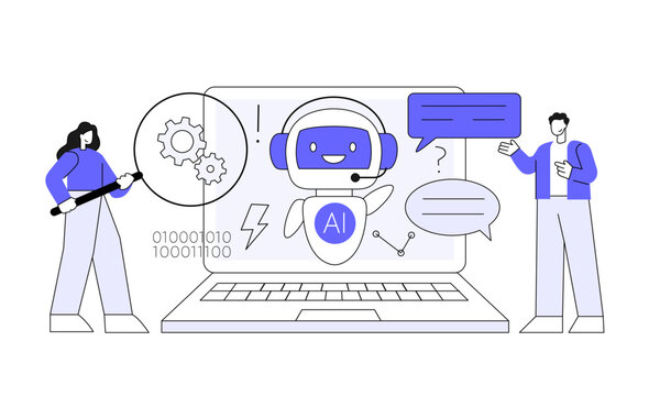 ai chatbot on laptop, people, blue, white clip art preview