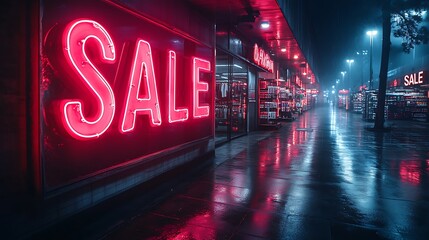 Multiple neon "SALE" signs glowing in a deserted retail store, dark environment with faint reflections on the floor, empty racks and shelves visible in the background,