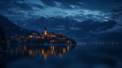 Fototapeta premium Peaceful night landscape with a glowing castle by the mountain lake under starry skies and soft clouds reflecting on water.