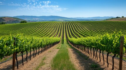 Fototapeta premium Vineyard Rows on a Sunny Day with Distant Hills