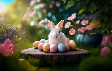 A white rabbit sits on a tree stump surrounded by colorful Easter eggs, in a spring garden with pink flowers.