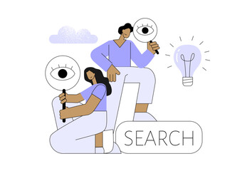 Man and Woman Character with Magnifying Glass Holding Big Light Bulb