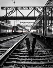 Fototapeta premium A person wearing boots walking on railroad tracks, girl on railroad track, man on railway track, girl on railway track