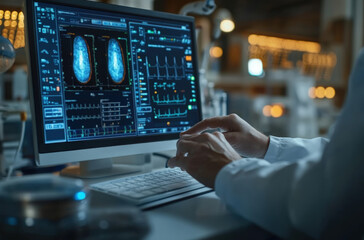 Scientist analyzing medical data on a computer in a research laboratory at night
