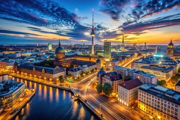 Aerial Night View of Berlin, Germany - Modern Cityscape from Above with Illuminated Streets and Landmarks