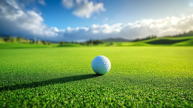 Golf ball on green grass under blue sky