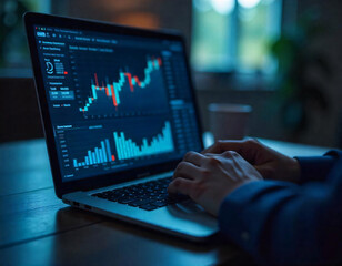A person's hands typing on a laptop computer, which displays financial charts and graphs on the screen