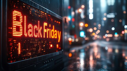 Perspective view of a digital countdown timer with "Black Friday" text, bold red and white glowing numbers, dark blurred background with faint reflections, soft light accents, minimalistic look,