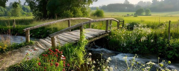 A picturesque countryside scene with a quaint wooden bridge crossing a gently flowing stream surrounded by lush green fields and wildflowers