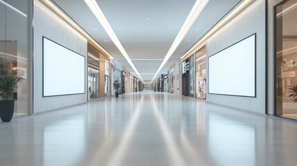 A large, empty shopping mall with a white ceiling and white walls