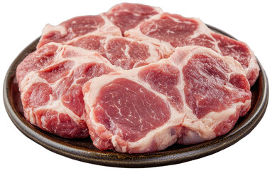 Pork shoulder slices arranged on a plate, isolated on transparent background, perfect for food designs.
