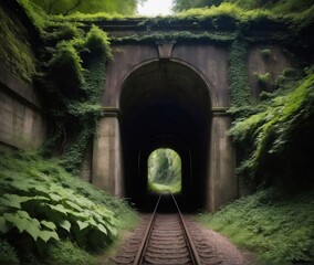 An abandoned railway tunnel overgrown with lush greenery and ivy-covered stone walls. The forgotten tracks lead into the dark tunnel, surrounded by nature reclaiming the structure, evoking a sense of 