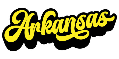 Arkansas state name written in retro groovy three-dimensional script lettering