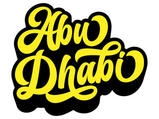 Abu Dhabi city name written in retro groovy three-dimensional script lettering