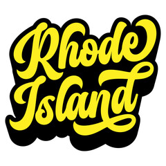 Rhode Island state name written in retro groovy three-dimensional script lettering