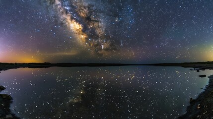 A stunning night sky with the Milky Way galaxy stretching across the horizon and a serene lake reflecting the starry expanse above