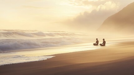 Two people sitting by the beach during sunset, enjoying the calming waves and warm glow of the evening light.