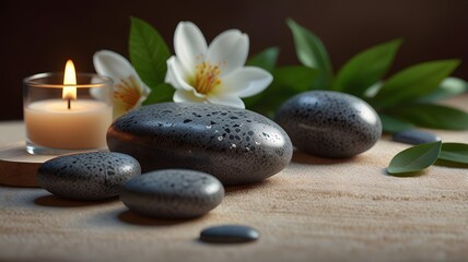 3D of Massage Stones and Herbal Compresses on a Spa Bed for Soothing Natural Healing