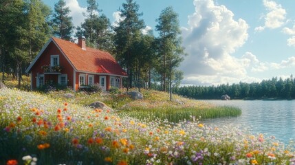 Fototapeta premium Red Cottage nestled in a lush meadow overlooking a tranquil lake