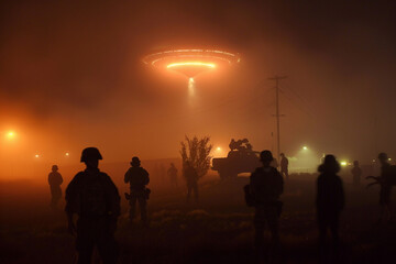 Fototapeta premium Mysterious ufo encounter and alien abduction with flying saucer generative AI