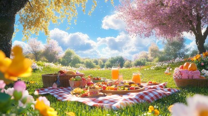 Relaxing Spring Picnic in a Colorful Meadow with Delicious Food and Refreshing Drinks