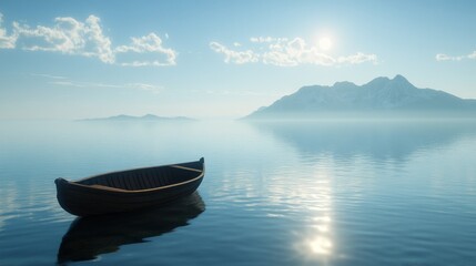 A Wooden Rowboat Alone in a Calm, Misty Sea with a Mountain Range in the Distance