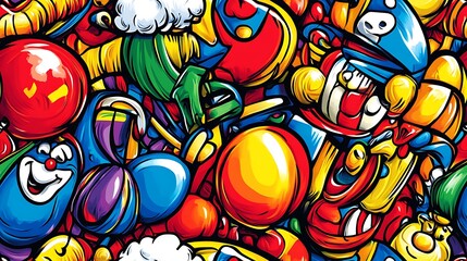 Fototapeta premium A colorful carnival-themed doodle pattern featuring Ferris wheels, carousel horses, clowns, and cotton candy, surrounded by balloons, popcorn, and streamers,